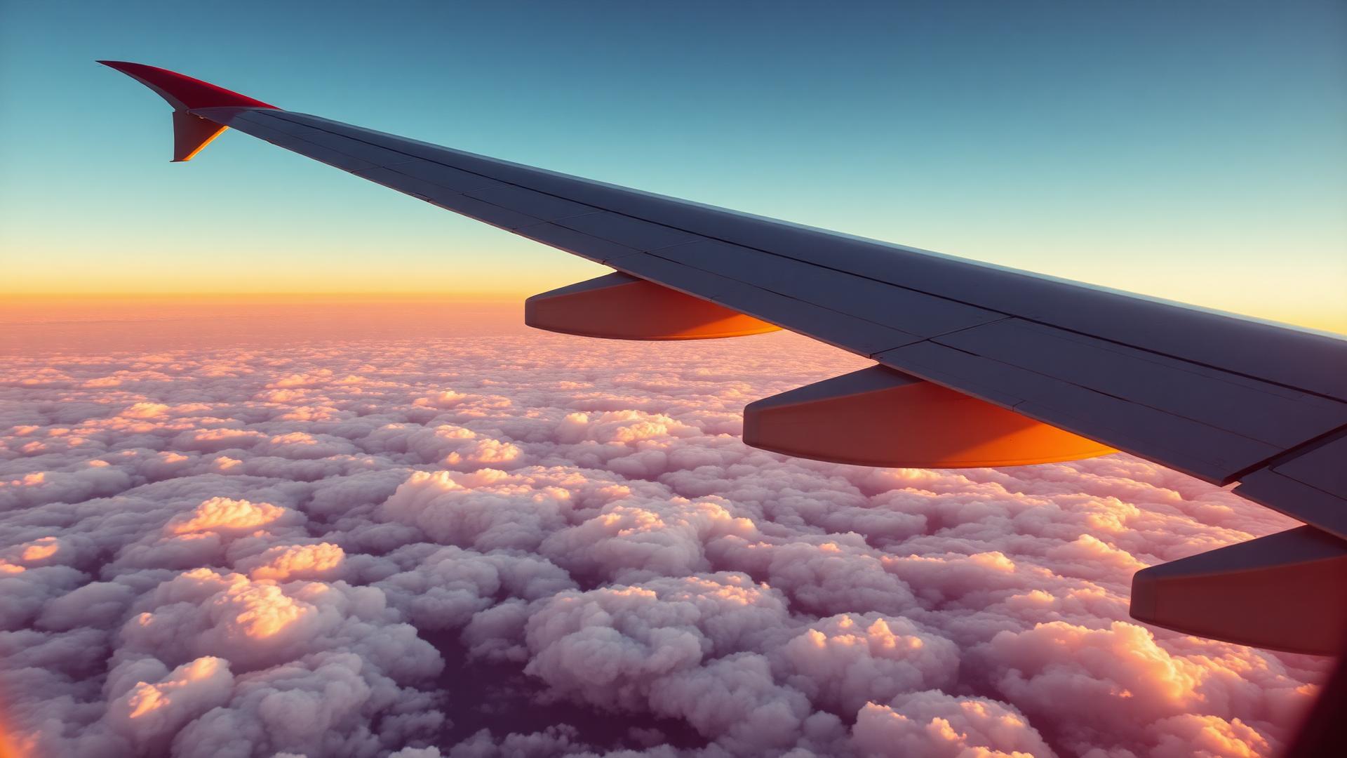 Airplane wing soaring above clouds at golden hour